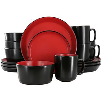 Elama Bacarra 16 pc Stoneware Dinnerware Set in Two Tone Black and Red