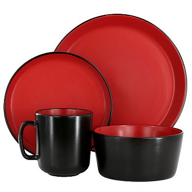 Elama Bacarra 16 Piece Stoneware Dinnerware Set in Two Tone Black and Red