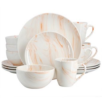 Elama Fine Marble 16 pc Porcelain Dinnerware Set in Orange