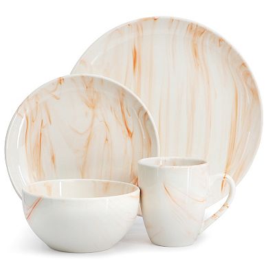 Elama Fine Marble 16 Piece Porcelain Dinnerware Set in Orange