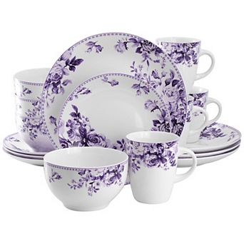 Elama Traditional Purple Rose 16 pc Stoneware Dinnerware Set