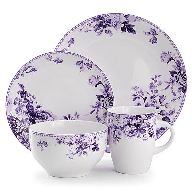 Elama Traditional Purple Rose 16 Piece Stoneware Dinnerware Set