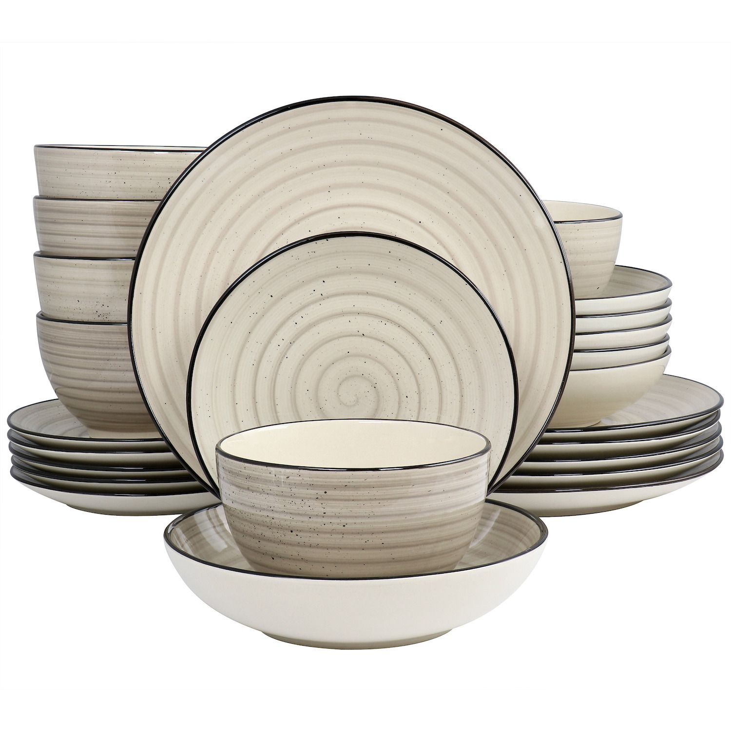 Elama Rustic Birch 16-Piece Dinnerware Set - White Stoneware With Brown Accents