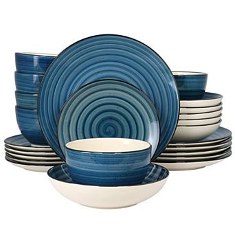 Elama Gia 24 pc Round Stoneware Dinnerware Set in Dark Blue