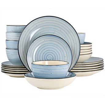 Elama Gia 24 pc Round Stoneware Dinnerware Set in Light Blue