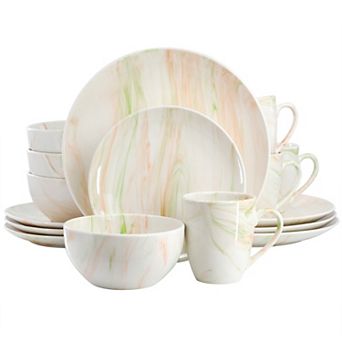 Elama Fine Marble 16 pc Porcelain Dinnerware Set in Orange and Green
