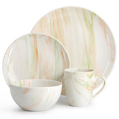 Elama Fine Marble 16 Piece Porcelain Dinnerware Set in Orange and Green