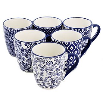 Elama Declan 6 pc 12 Ounce Assorted Design Stoneware Mug Set in Blue and White