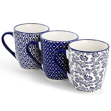 Elama Declan 6 Piece 12 Ounce Assorted Design Stoneware Mug Set in Blue and White