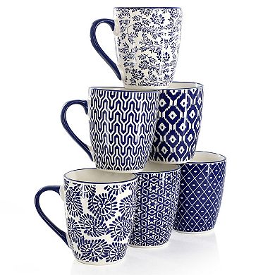 Elama Declan 6 Piece 12 Ounce Assorted Design Stoneware Mug Set in Blue and White