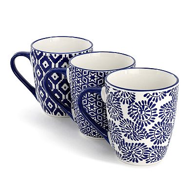 Elama Declan 6 Piece 12 Ounce Assorted Design Stoneware Mug Set in Blue and White