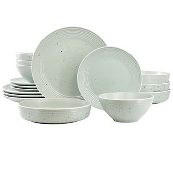 Elama Emilia 16 pc Double Bowl Stoneware Dinnerware Set in Light Green