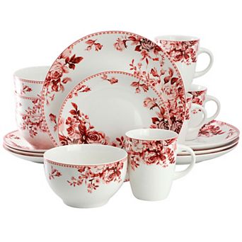 Elama Traditional Red Rose 16 pc Stoneware Dinnerware Set