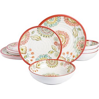 Laurie Gates Brick Floral Ripple 12 pc Melamine Dinnerware Set in Red