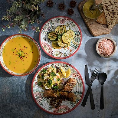 Laurie Gates Brick Floral Ripple 12 Piece Melamine Dinnerware Set in Red