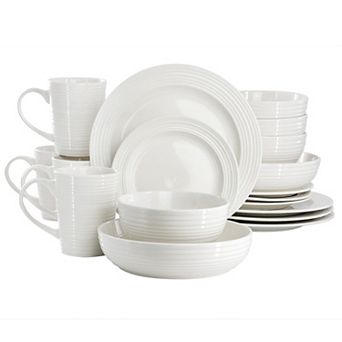 Elama Nikki 18 pc Ribbed White Porcelain Dinnerware and Serving Bowl Set