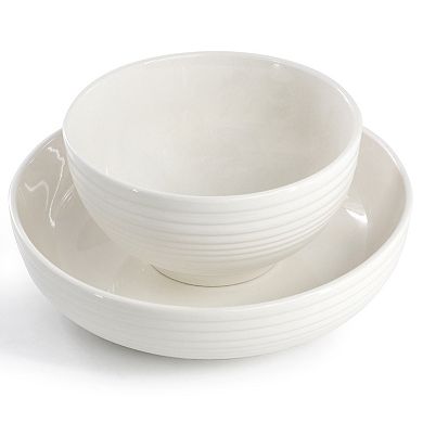 Elama Nikki 18 Piece Ribbed White Porcelain Dinnerware and Serving Bowl Set