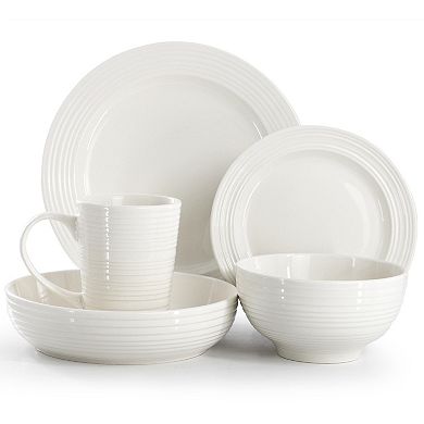 Elama Nikki 18 Piece Ribbed White Porcelain Dinnerware and Serving Bowl Set