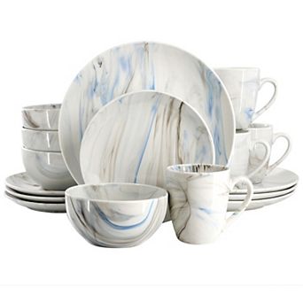 Elama Fine Marble 16 pc Porcelain Dinnerware Set in Blue and Gray