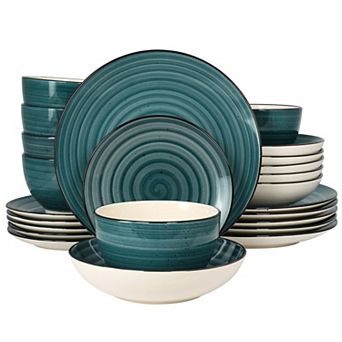 Elama Gia 24 pc Round Stoneware Dinnerware Set in Dark Green