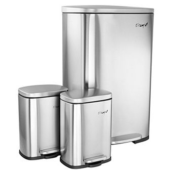 Elama 3 pc 13 Gallon and 1.3 Gallon Stainless Steel Step Trash Bin Combo Set