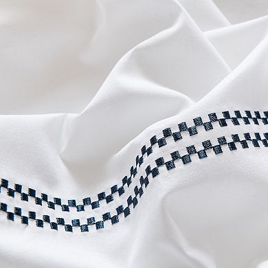 Hotel Luxury 200TC Cotton Percale Duvet Cover Set, Check Embroidery