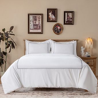 Hotel Luxury 200TC Cotton Percale Duvet Cover Set, Check Embroidery