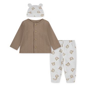 Newborn Baby Boys Huggies Babywear 100% Organic Bear Top Pants & Hat 3 pc Set