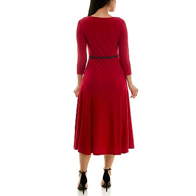 Women's Nina Leonard Sylvia Three-Quarter Sleeve Belted Midi Dress