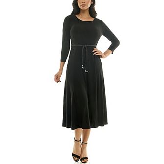 Women's Nina Leonard Sylvia Three-Quarter Sleeve Belted Midi Dress