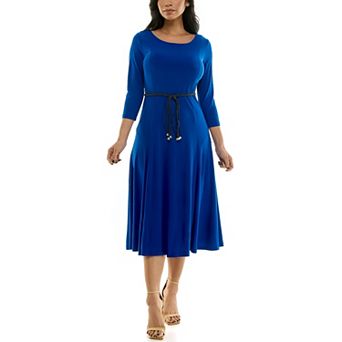 Women's Nina Leonard Sylvia Three-Quarter Sleeve Belted Midi Dress