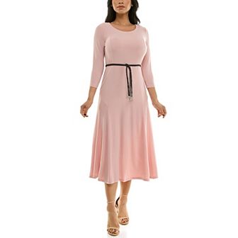 Women's Nina Leonard Sylvia Three-Quarter Sleeve Belted Midi Dress