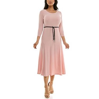 Women's Nina Leonard Sylvia Three-Quarter Sleeve Belted Midi Dress