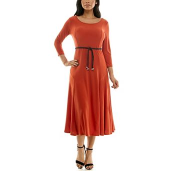 Women's Nina Leonard Sylvia Three-Quarter Sleeve Belted Midi Dress