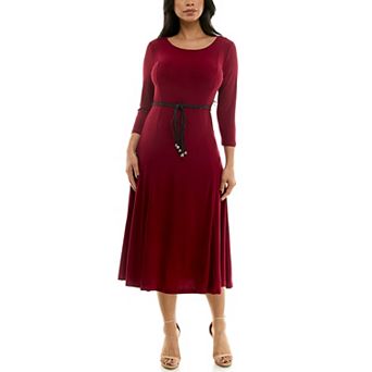 Women's Nina Leonard Sylvia Three-Quarter Sleeve Belted Midi Dress