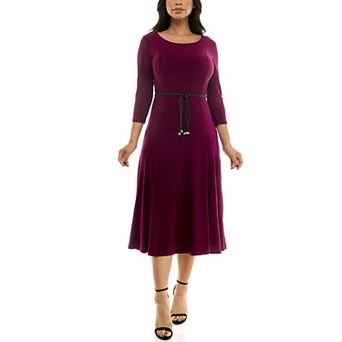 Women's Nina Leonard Sylvia Three-Quarter Sleeve Belted Midi Dress
