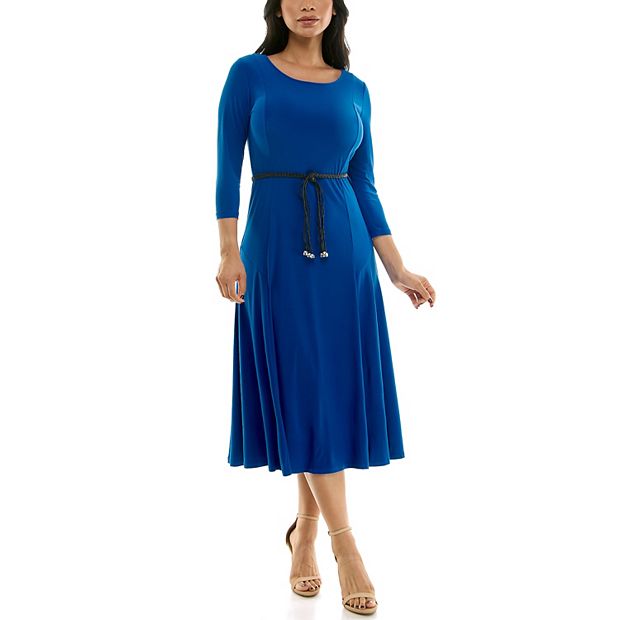 knee length dresses for ladies Navy Sateen Three Quarter Sleeve Crepe Midi Dress With Rolled Neck main image 0