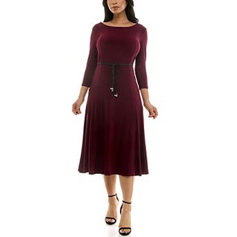 Women's Nina Leonard Sylvia Three-Quarter Sleeve Belted Midi Dress