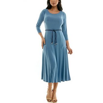 Women's Nina Leonard Sylvia Three-Quarter Sleeve Belted Midi Dress