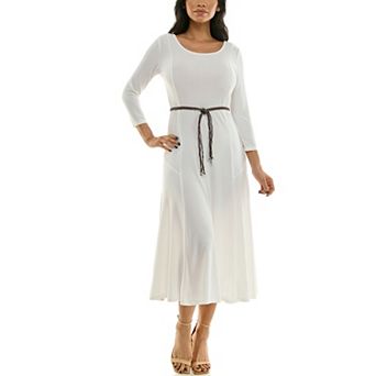 Women's Nina Leonard Sylvia Three-Quarter Sleeve Belted Midi Dress