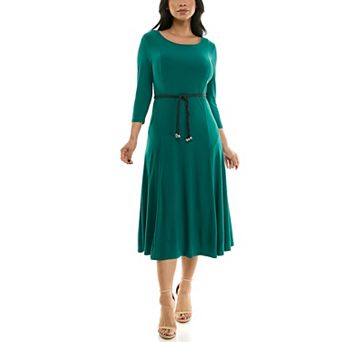 Women's Nina Leonard Sylvia Three-Quarter Sleeve Belted Midi Dress