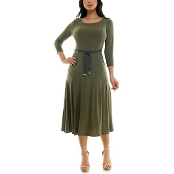 Women's Nina Leonard Sylvia Three-Quarter Sleeve Belted Midi Dress