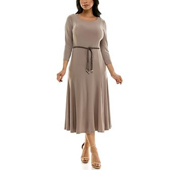 Women's Nina Leonard Sylvia Three-Quarter Sleeve Belted Midi Dress