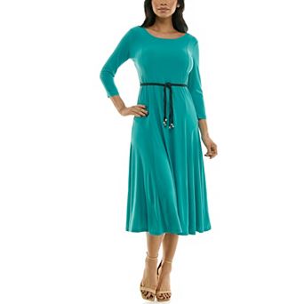 Women's Nina Leonard Sylvia Three-Quarter Sleeve Belted Midi Dress