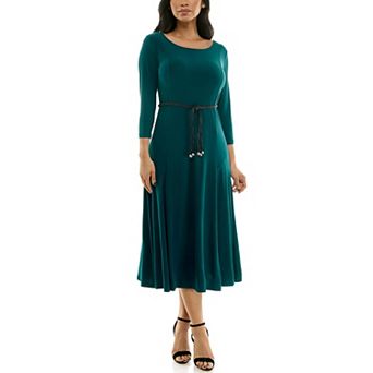 Women's Nina Leonard Sylvia Three-Quarter Sleeve Belted Midi Dress