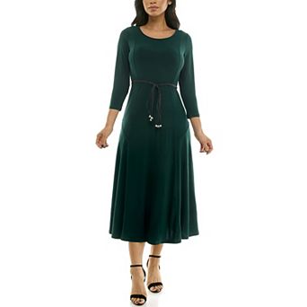 Women's Nina Leonard Sylvia Three-Quarter Sleeve Belted Midi Dress