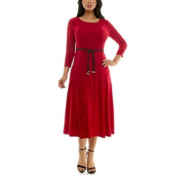 Women's Nina Leonard Sylvia Three-Quarter Sleeve Belted Midi Dress