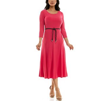 Women's Nina Leonard Sylvia Three-Quarter Sleeve Belted Midi Dress