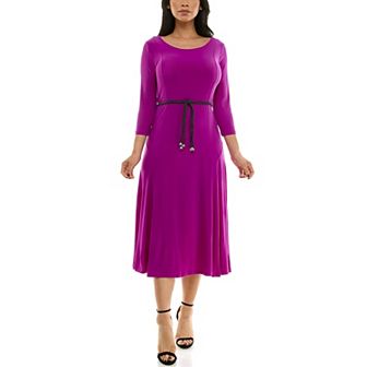 Women's Nina Leonard Sylvia Three-Quarter Sleeve Belted Midi Dress
