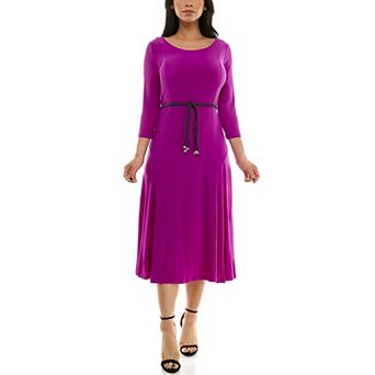 Women's Nina Leonard Sylvia Three-Quarter Sleeve Belted Midi Dress